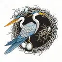 Generate a tattoo of a blue heron and a nest of its two blue eggs  tattoo design idea