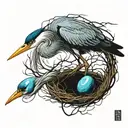 Generate a tattoo of a blue heron and a nest of its two blue eggs  tattoo design idea