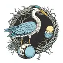 Generate a tattoo of a blue heron and a nest of its two blue eggs  tattoo design idea