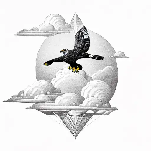 A majestic falcon soaring through the clouds, surrounded by geometric patterns tattoo design idea