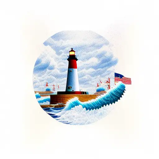 ship riding on the wave around lighthouse tattoo design idea