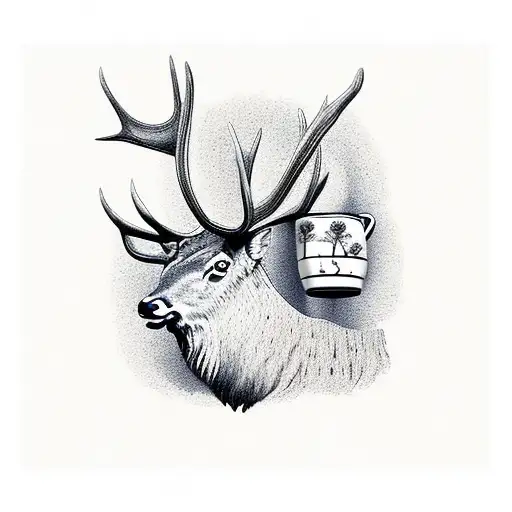 elk with woman and mountain and mug with cactus inside  tattoo design idea