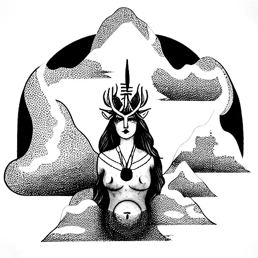 Goddess Freya, Elk, Mombacho volcano, Three Of earth Growth, San Pedro cactus, Fifth Chakra tattoo design idea
