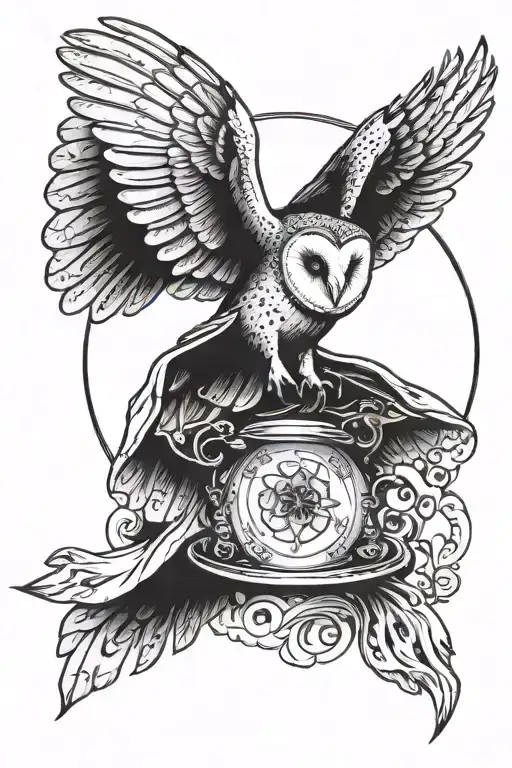 barn owl flying with plate doctor character tattoo design idea