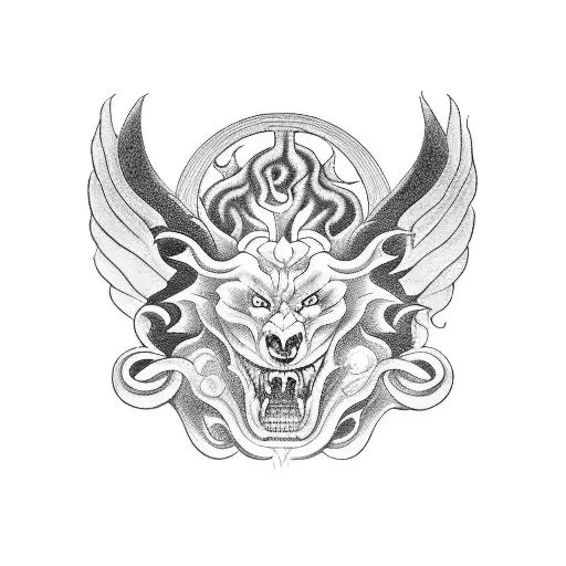 A blackwork tattoo featuring Hades and Cerberus in the underworld, representing the concept of duality and the afterlife tattoo design idea