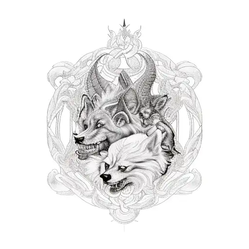 A blackwork tattoo featuring Hades and Cerberus in the underworld, representing the concept of duality and the afterlife tattoo design idea