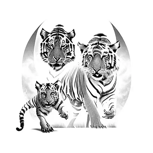 fantasy beautiful wild boar and tigress with tiger cub full body tattoo design, on background of weapons and shields ::  tattoo design idea