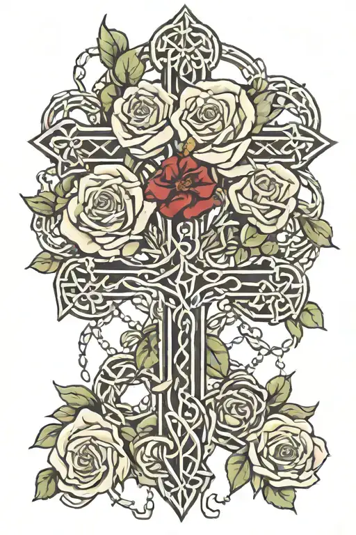 rosary beads and roses wrapped and Celtic cross intertwined tattoo design idea