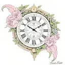 clock set to 5:27, eye of Thoth, words"Time sustains judgment", add in pink azaleas around the image tattoo design idea