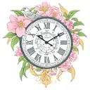 clock set to 5:27, eye of Thoth, words"Time sustains judgment", add in pink azaleas around the image tattoo design idea