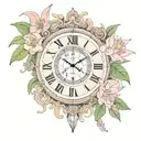 clock set to 5:27, eye of Thoth, words"Time sustains judgment", add in pink azaleas around the image tattoo design idea