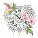 clock set to 5:27, eye of Thoth, words"Time sustains judgment", add in pink azaleas around the image tattoo design idea