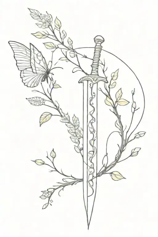 spine sword with vines from hip to shoulder and butterflies around it tattoo design idea