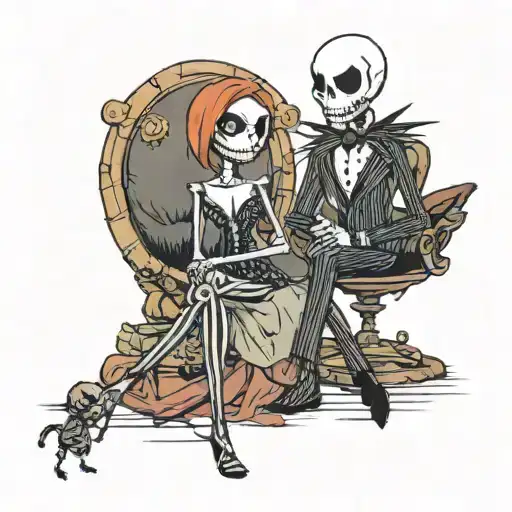Jack Skellington sitting behind Sally holding her while Sally sews herself  tattoo design idea