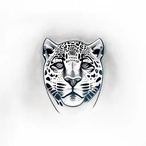 gentle Jaguar front face drawn with a dainty and fine line. all the tattoo is black but the eyes of the jaguar are blue tattoo design idea