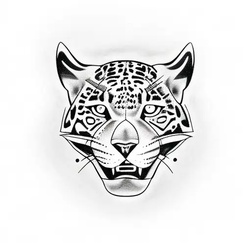 Jaguar front face drawn with a dainty and fine line. all the tattoo is black but the eyes of the jaguar are blue tattoo design idea