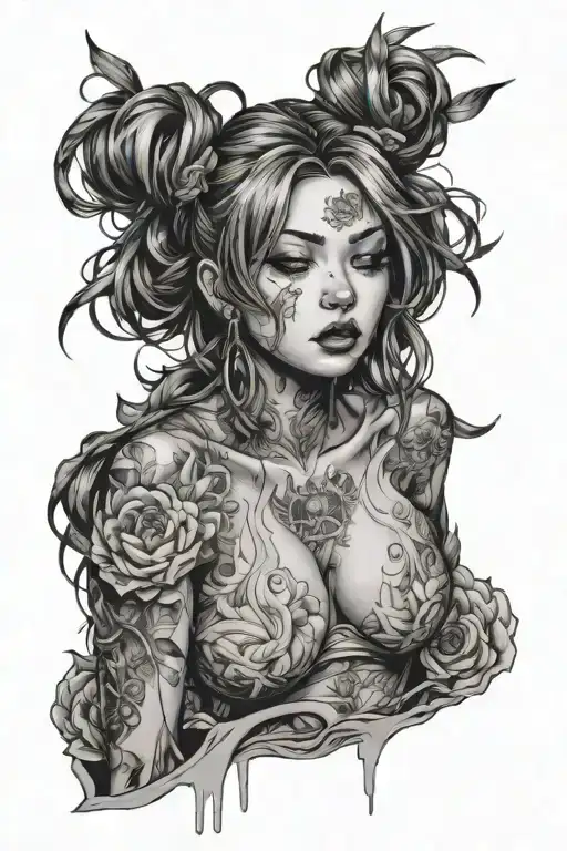 ahegao female full body tattoo design idea