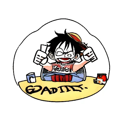 Luffy from one piece drinking a beer And under him and bubbly writing, it says "g'day" tattoo design idea