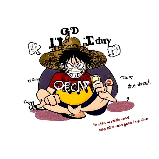 Luffy from one piece drinking a beer And under him and bubbly writing, it says "g'day" tattoo design idea