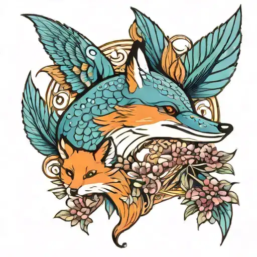 kingfisher dolphin fox surrounded tattoo design idea