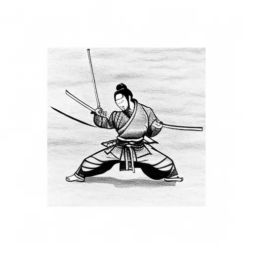 A tranquil scene of a samurai practicing martial arts in a traditional Chinese courtyard tattoo design idea
