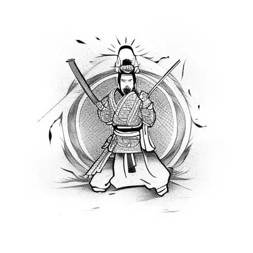 A martial arts master wielding a beautifully crafted samurai sword in front of an ancient Chinese pagoda tattoo design idea