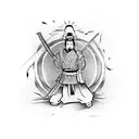A martial arts master wielding a beautifully crafted samurai sword in front of an ancient Chinese pagoda tattoo design idea