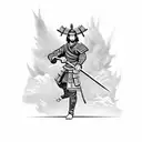 A martial arts master wielding a beautifully crafted samurai sword in front of an ancient Chinese pagoda tattoo design idea