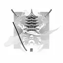 A martial arts master wielding a beautifully crafted samurai sword in front of an ancient Chinese pagoda tattoo design idea