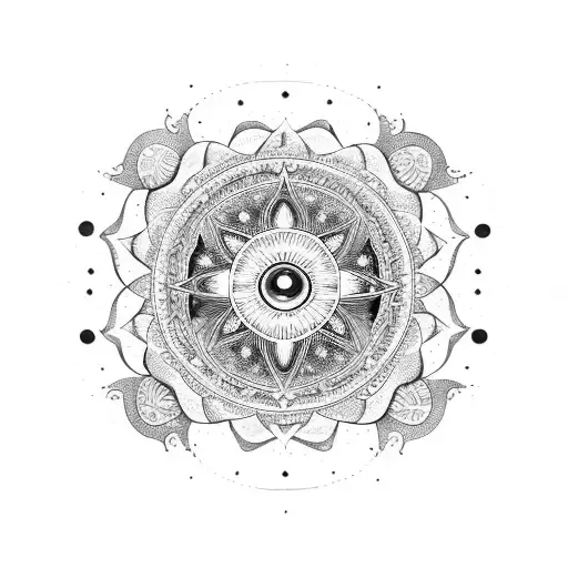 A feminine mandala incorporating moon phases, stars, and the sun in an ornamental style tattoo design idea