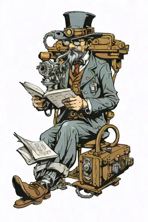 craven with steampunk style reading a book and using a typewriter  tattoo design idea