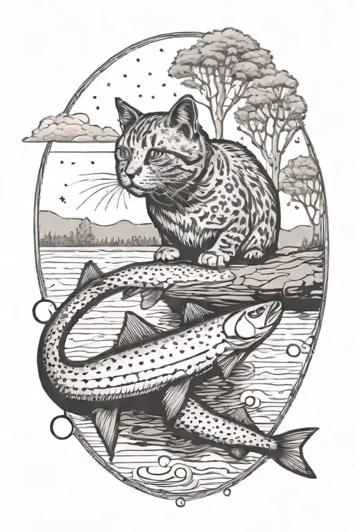 A nature scene with Jarvis the cat fishing in a serene lake tattoo design idea