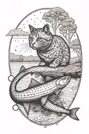 A nature scene with Jarvis the cat fishing in a serene lake tattoo design idea