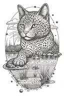 A nature scene with Jarvis the cat fishing in a serene lake tattoo design idea