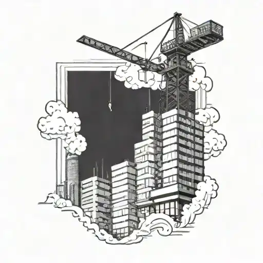 A futuristic high rise construction scene with a tower crane in action tattoo design idea