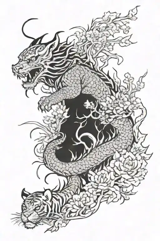 Dragon and Tiger walking through bushes tattoo design idea