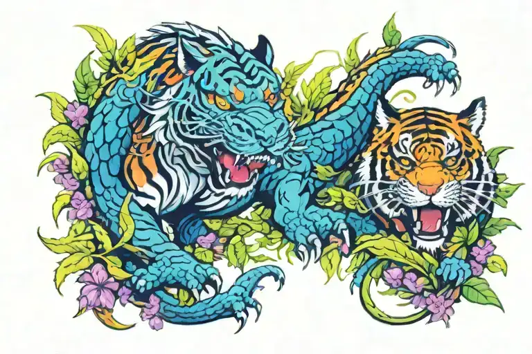 Dragon and Tiger walking through bushes tattoo design idea