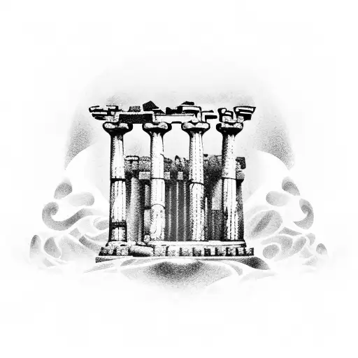 Create a Greek themed tattoo sleeve, Greek inspired environment with pillars and ruins. Include mythological characters  tattoo design idea
