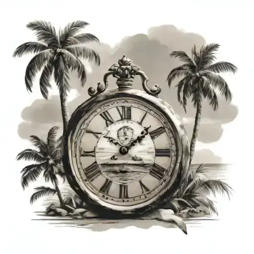 Create a tattoo on your left arm with a Roman style clock, palm trees with the sea and 4 people watching tattoo design idea