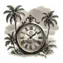 Create a tattoo on your left arm with a Roman style clock, palm trees with the sea and 4 people watching tattoo design idea