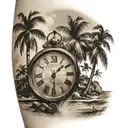 Create a tattoo on your left arm with a Roman style clock, palm trees with the sea and 4 people watching tattoo design idea