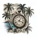Create a tattoo on your left arm with a Roman style clock, palm trees with the sea and 4 people watching tattoo design idea
