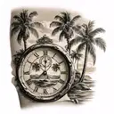 Create a tattoo on your left arm with a Roman style clock, palm trees with the sea and 4 people watching tattoo design idea