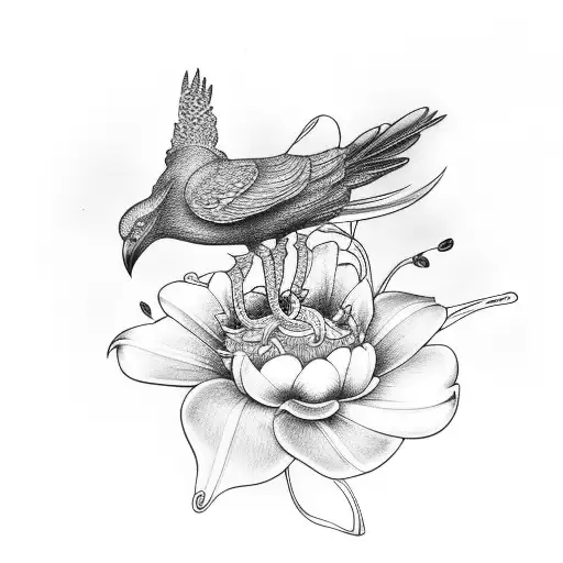 Lily flower with raven bird tattoo design idea