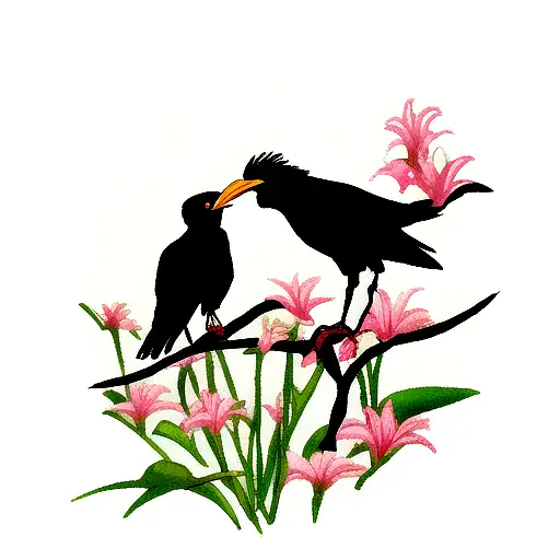 Lily flower with raven bird tattoo design idea