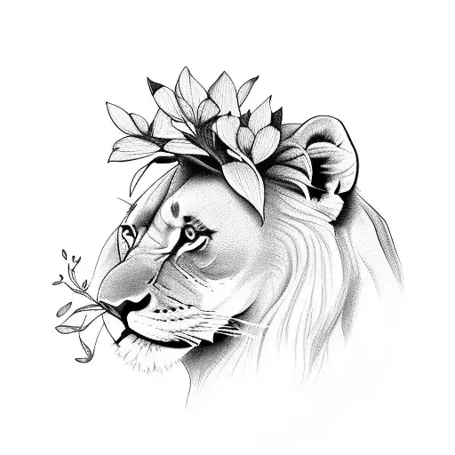 Elderly lion with and cyclamen tattoo design idea