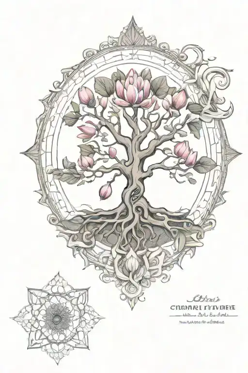 Mandala Art Tree of Life with Lotus and Kundalini chakra tattoo design idea