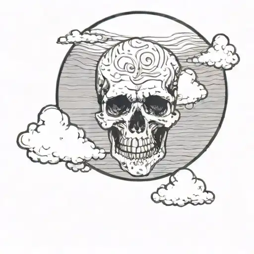 a half moon with skull face, and clouds around it tattoo design idea