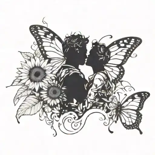 A silhouette of a couple embracing, with a trail of butterflies leading to a sunflower tattoo design idea