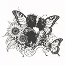 A silhouette of a couple embracing, with a trail of butterflies leading to a sunflower tattoo design idea
